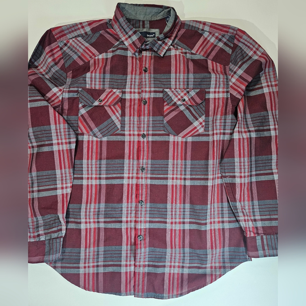 Bruno Mens Button Down Large Red Grey Plaid Outdoor Classic Performance Shirt‎